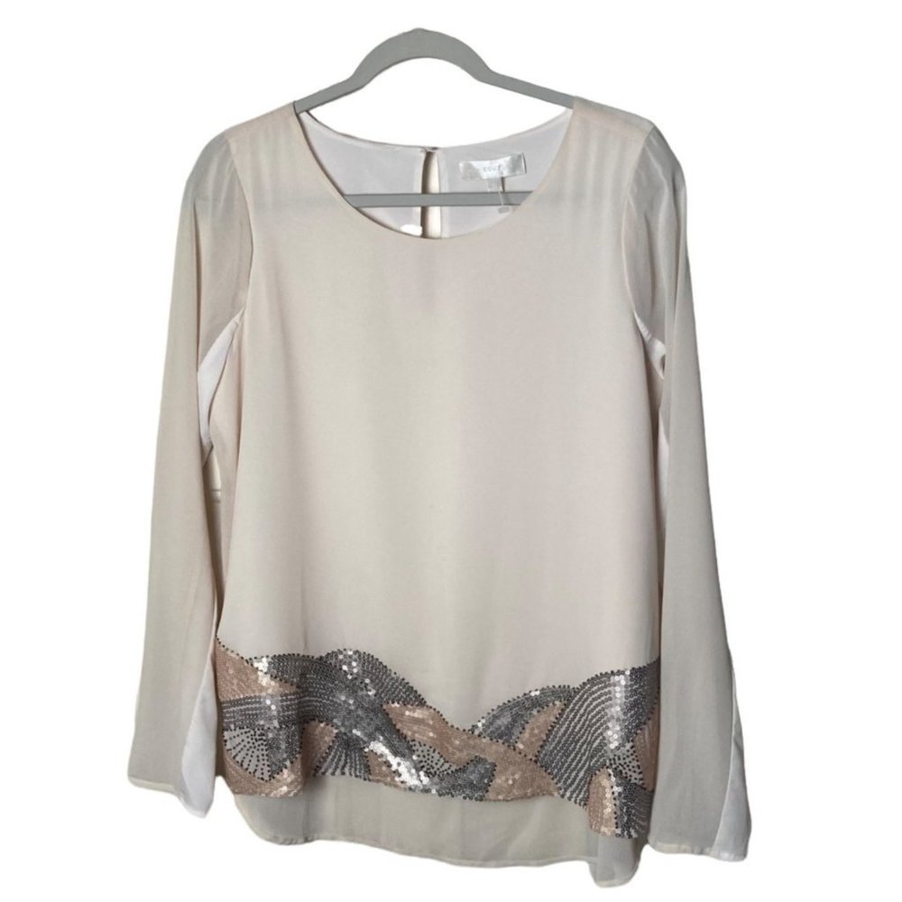 MM Couture Women Size Large Sequin Cream Gorgeous Blouse NWOT Rose Gold Silver